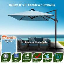 Load image into Gallery viewer, Deluxe 8' x 8' Sunbrella® Fabric Solar LED Cantilever Umbrella