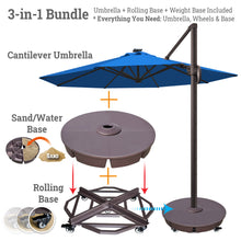 Load image into Gallery viewer, Ultimate 3-in-1 Bundle: Deluxe 11' Sunbrella® Solar LED Cantilever Umbrella + Rolling Frame + Sand Weight Base