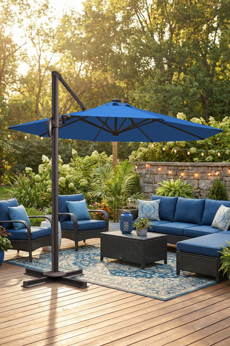 blue cantilever patio umbrella Deluxe 11' Sunbrella® Fabric Solar LED Cantilever Umbrella