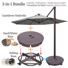 Load image into Gallery viewer, Ultimate 3-in-1 Bundle: Deluxe 11' Sunbrella® Solar LED Cantilever Umbrella + Rolling Frame + Sand Weight Base