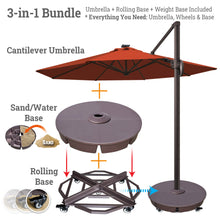 Load image into Gallery viewer, Ultimate 3-in-1 Bundle: Deluxe 11' Sunbrella® Solar LED Cantilever Umbrella + Rolling Frame + Sand Weight Base