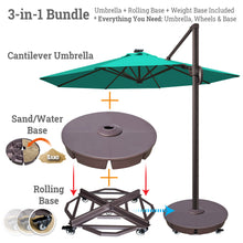 Load image into Gallery viewer, Ultimate 3-in-1 Bundle: Deluxe 11' Sunbrella® Solar LED Cantilever Umbrella + Rolling Frame + Sand Weight Base