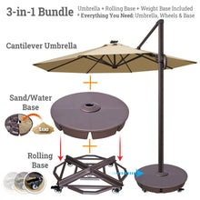 Load image into Gallery viewer, Ultimate 3-in-1 Bundle: Deluxe 11' Sunbrella® Solar LED Cantilever Umbrella + Rolling Frame + Sand Weight Base