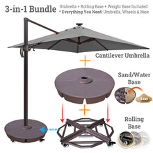 Load image into Gallery viewer, Ultimate 3-in-1 Bundle: Deluxe 10' x 10' Sunbrella® Solar LED Cantilever Umbrella + Rolling Base + Sand Weight Base