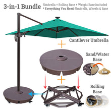 Load image into Gallery viewer, Ultimate 3-in-1 Bundle: Deluxe 10' x 10' Sunbrella® Solar LED Cantilever Umbrella + Rolling Base + Sand Weight Base