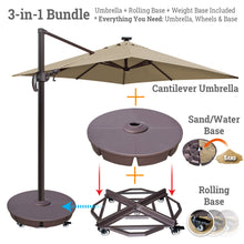 Load image into Gallery viewer, Ultimate 3-in-1 Bundle: Deluxe 10' x 10' Sunbrella® Solar LED Cantilever Umbrella + Rolling Base + Sand Weight Base