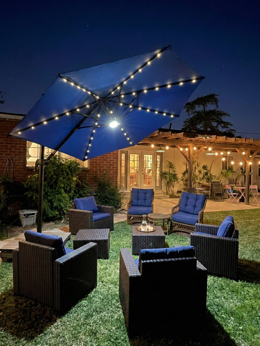 led patio umbrella in sunbrella periwinkle PURPLE LEAF 9x12ft with Solar Lights, Rectangular Patio Umbrella, Yard Umbrellas, Navy Blue The base holds up to 225 Sunnydaze 9-Foot Sunbrella Patio Umbrella,