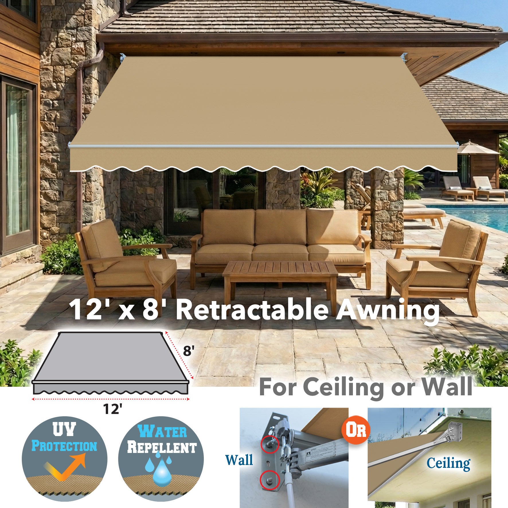 12' x 8' Manual Retractable Patio Awning