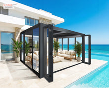 Load image into Gallery viewer, 13' x 10' SunriseRoom - Attached Louvered Pergola with Bi-Fold &amp; Sliding Tempered Glass Doors
