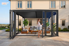 Load image into Gallery viewer, 13' x 10' SunriseRoom - Attached Louvered Pergola with Bi-Fold &amp; Sliding Tempered Glass Doors
