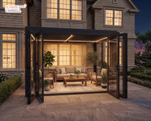Load image into Gallery viewer, 13' x 10' SunriseRoom - Attached Louvered Pergola with Bi-Fold &amp; Sliding Tempered Glass Doors
