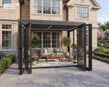 Load image into Gallery viewer, 13' x 10' SunriseRoom - Attached Louvered Pergola with Bi-Fold &amp; Sliding Tempered Glass Doors

