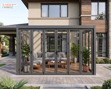 Load image into Gallery viewer, 13' x 10' SunriseRoom - Attached Louvered Pergola with Bi-Fold &amp; Sliding Tempered Glass Doors
