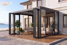 Load image into Gallery viewer, 13' x 10' SunriseRoom - Attached Louvered Pergola with Bi-Fold &amp; Sliding Tempered Glass Doors
