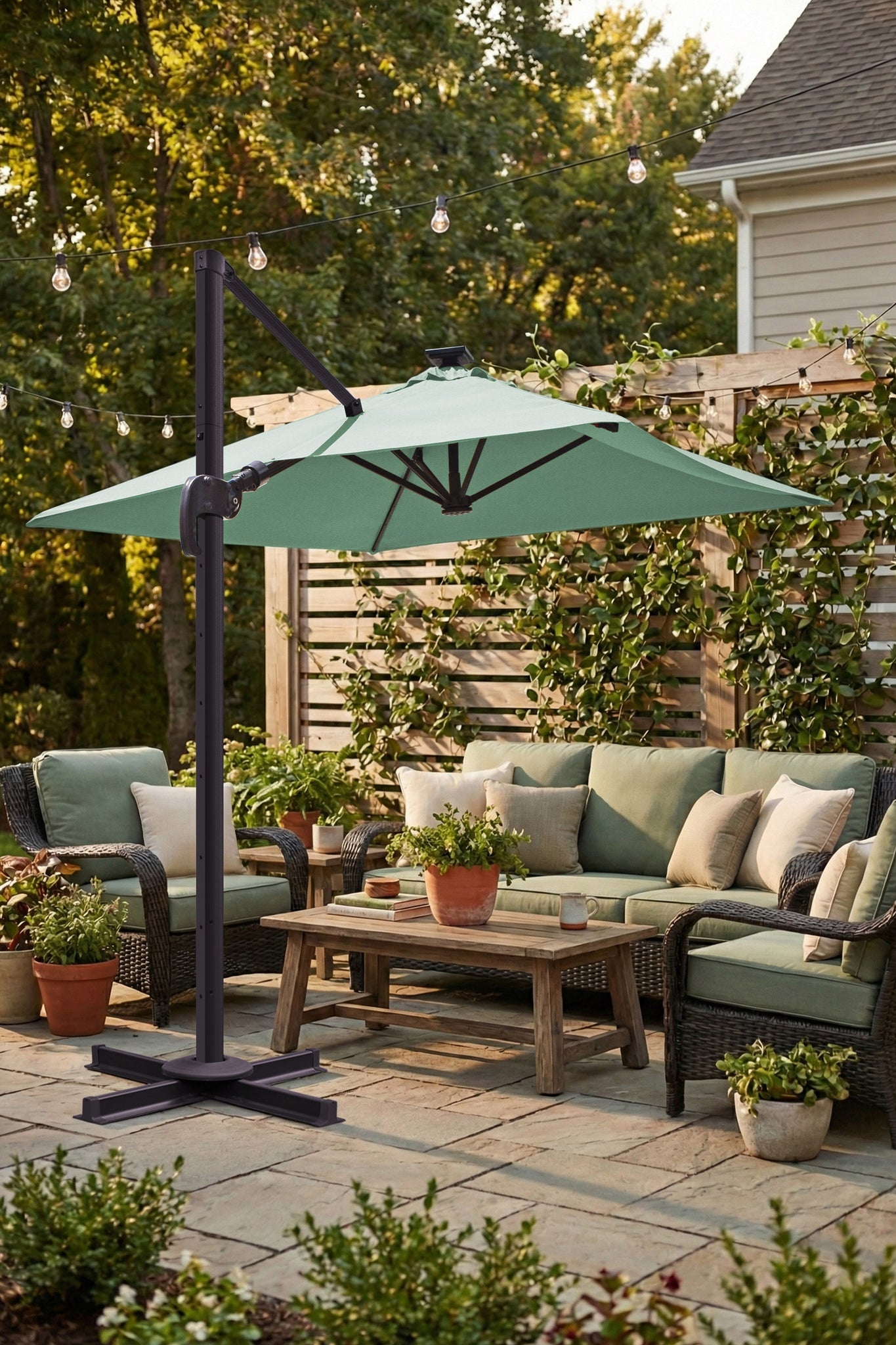 Deluxe 8' x 8' Sunbrella® Fabric Solar LED Cantilever Umbrella Deluxe 8' x 8' Sunbrella® Fabric Solar LED Cantilever Umbrella