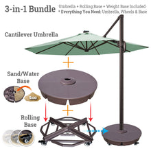 Load image into Gallery viewer, Ultimate 3-in-1 Bundle: Deluxe 11' Sunbrella® Solar LED Cantilever Umbrella + Rolling Frame + Sand Weight Base
