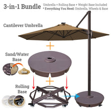 Load image into Gallery viewer, Ultimate 3-in-1 Bundle: Deluxe 11' Sunbrella® Solar LED Cantilever Umbrella + Rolling Frame + Sand Weight Base
