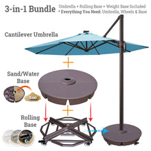 Load image into Gallery viewer, Ultimate 3-in-1 Bundle: Deluxe 11' Sunbrella® Solar LED Cantilever Umbrella + Rolling Frame + Sand Weight Base
