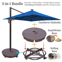 Load image into Gallery viewer, Ultimate 3-in-1 Bundle: Deluxe 10' x 10' Sunbrella® Solar LED Cantilever Umbrella + Rolling Base + Sand Weight Base
