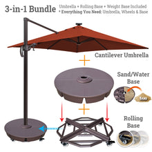 Load image into Gallery viewer, Ultimate 3-in-1 Bundle: Deluxe 10' x 10' Sunbrella® Solar LED Cantilever Umbrella + Rolling Base + Sand Weight Base
