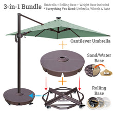 Load image into Gallery viewer, Ultimate 3-in-1 Bundle: Deluxe 10' x 10' Sunbrella® Solar LED Cantilever Umbrella + Rolling Base + Sand Weight Base
