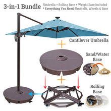 Load image into Gallery viewer, Ultimate 3-in-1 Bundle: Deluxe 10' x 10' Sunbrella® Solar LED Cantilever Umbrella + Rolling Base + Sand Weight Base
