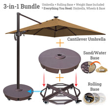 Load image into Gallery viewer, Ultimate 3-in-1 Bundle: Deluxe 10' x 10' Sunbrella® Solar LED Cantilever Umbrella + Rolling Base + Sand Weight Base
