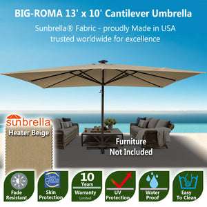 Big Roma 13' x 10' Solar LED Cantilever Umbrella