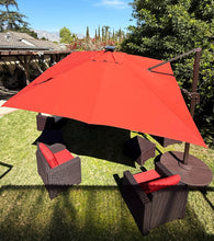 Load image into Gallery viewer, Ultimate 3-in-1 Bundle: Deluxe 10' x 10' Sunbrella® Solar LED Cantilever Umbrella + Rolling Base + Sand Weight Base

