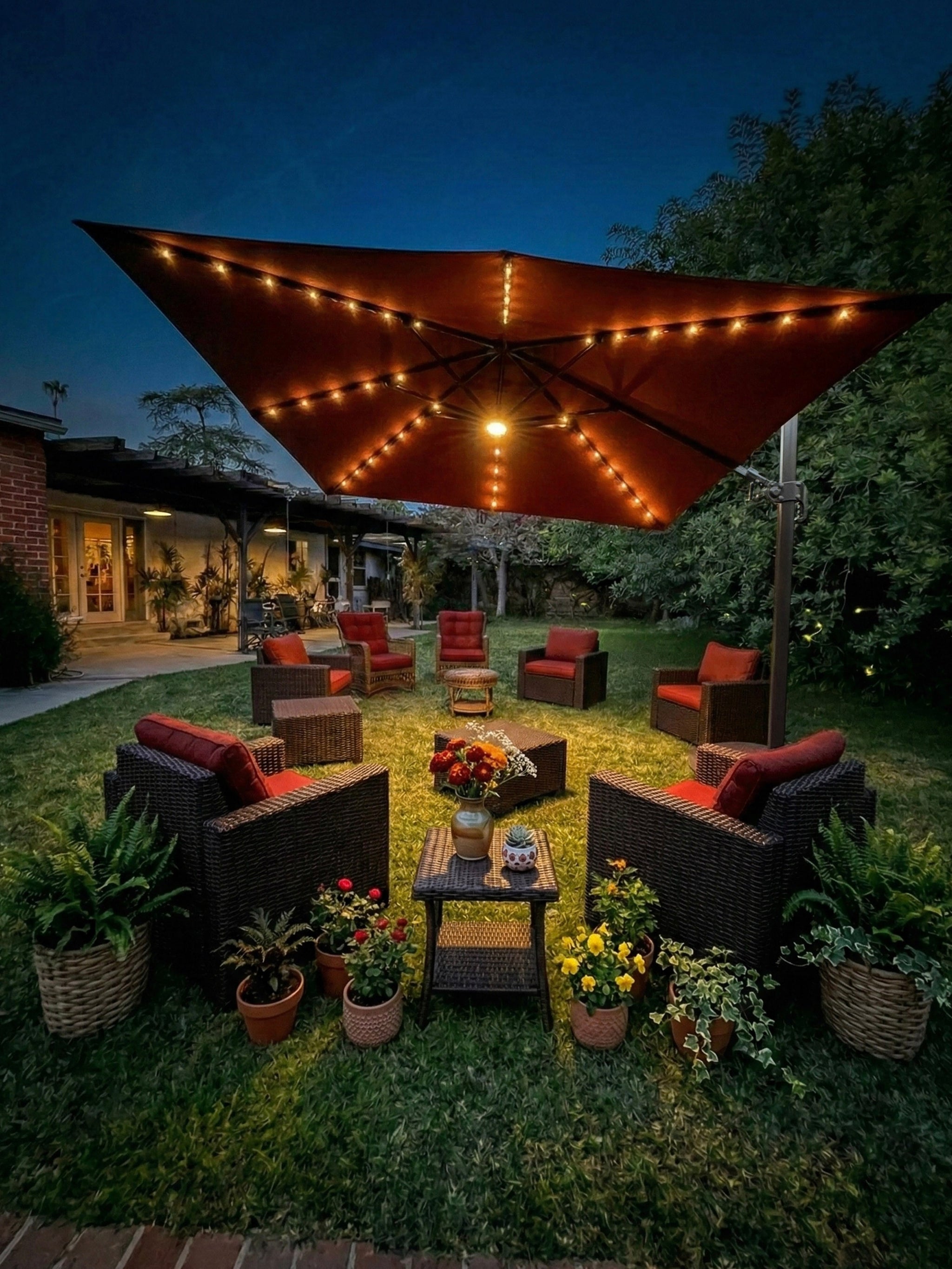 cantilever patio umbrella with lights and base Domi Outdoor Living Solar this umbrella will indulge you in plenty of shade all day long and keep your nights bright with its 32 solar 9x12ft 2-Tier Outdoor Solar LED