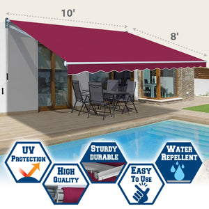 10' x 8' Awning Retractable Manual Yard Patio Deck Awning Cover Canopy Sunshade