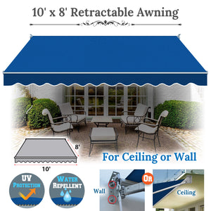 10' x 8' Awning Retractable Manual Yard Patio Deck Awning Cover Canopy Sunshade