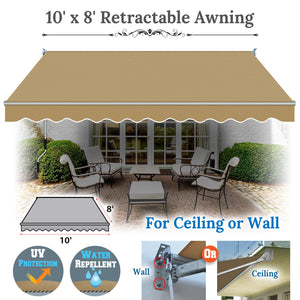 10' x 8' Awning Retractable Manual Yard Patio Deck Awning Cover Canopy Sunshade