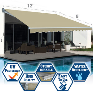 12' x 8' Awning Retractable Manual Yard Patio Deck Awning Cover Canopy Sunshade