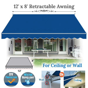 12' x 8' Awning Retractable Manual Yard Patio Deck Awning Cover Canopy Sunshade