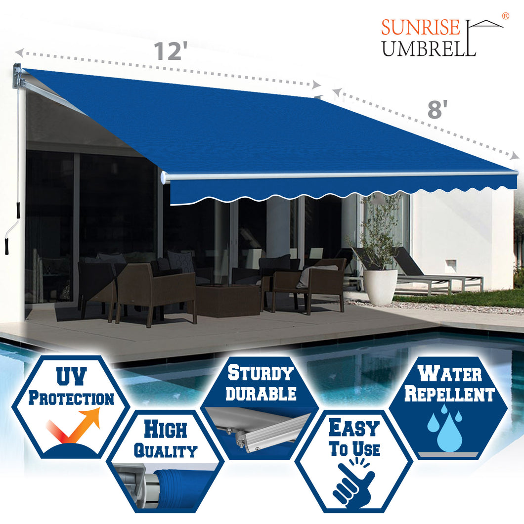 12' x 8' Awning Retractable Manual Yard Patio Deck Awning Cover Canopy Sunshade