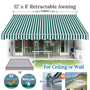 12' x 8' Awning Retractable Manual Yard Patio Deck Awning Cover Canopy Sunshade