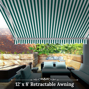 12' x 8' Awning Retractable Manual Yard Patio Deck Awning Cover Canopy Sunshade