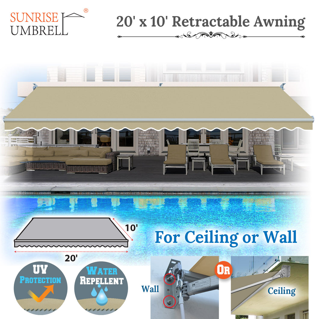 20' x 10' Awning Retractable Manual Yard Patio Deck Awning Cover Canopy Sunshade