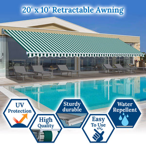 20' x 10' Awning Retractable Manual Yard Patio Deck Awning Cover Canopy Sunshade