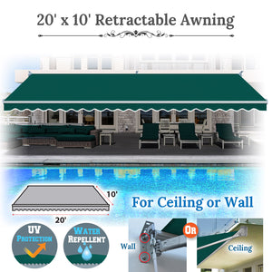 20' x 10' Awning Retractable Manual Yard Patio Deck Awning Cover Canopy Sunshade