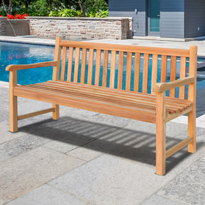 59.4"L Teak Wood Java Bench w Back Support 3 Seater Outdoor Arm Relax Garden Chair(local pick up）