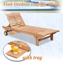 Load image into Gallery viewer, Teak Wood 4-Position Outdoor Sun Bed Lounger Garden Patio Chair w Tray 2 Wheels(local pick up)
