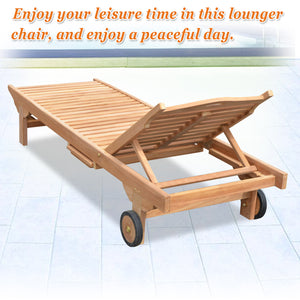 Teak Wood 4-Position Outdoor Sun Bed Lounger Garden Patio Chair w Tray 2 Wheels(local pick up)