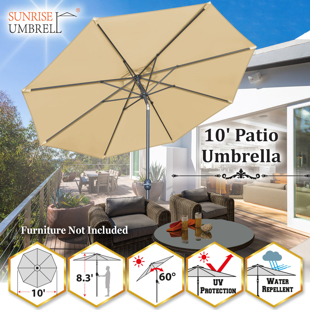 10' Patio Umbrella 8 Ribs with Tilt and Crank Outdoor Garden Market Parasol Sunshade in Beige Color