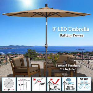 9' Patio Battery Lighted LED Umbrella Tilt Sunshade Garden Balcony